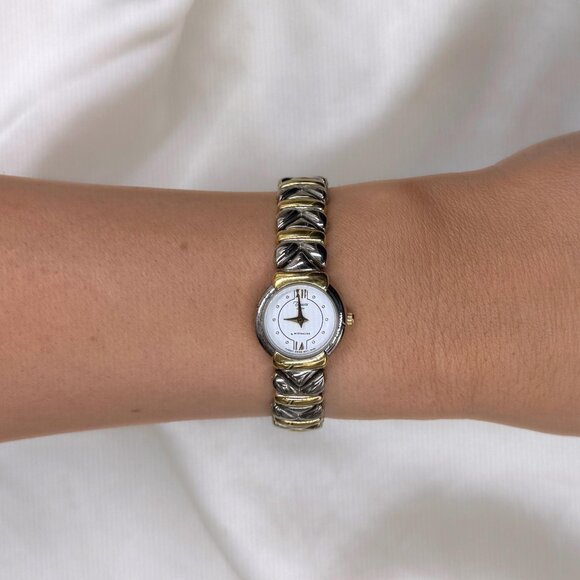 Vintage 90s Two Tone Watch Dainty Bracelet Classic Feminine Old Money Aesthetic - Picture 1 of 6